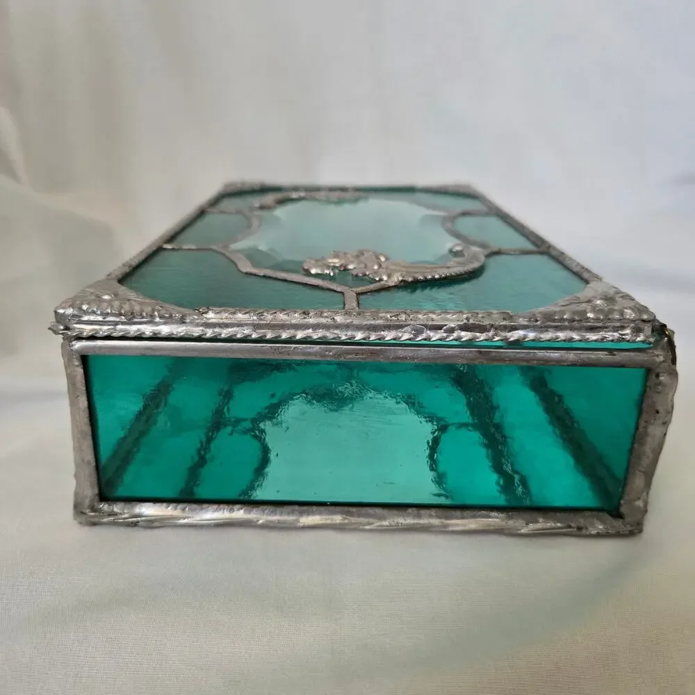 Teal Green Stained Glass Mirrored Jewelry Box Trinket Box Beveled and Waterglass